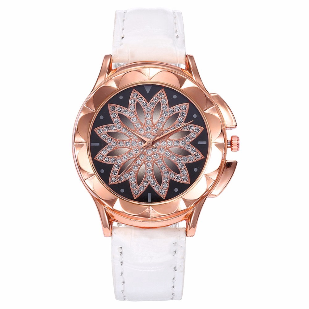Đồng hồ đeo tay máy Quartz dây da mặt họa tiết hoa đính đá sang trọng cho nữ | BigBuy360 - bigbuy360.vn