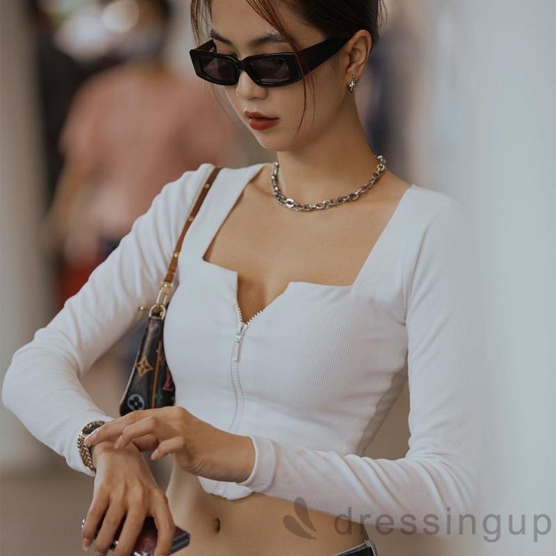 [HOT] ÁO THUN CROPTOP TAY PHỐI KHOÁ KÉO HỞ NGỰC TÀ NHỌN SEXY CÁ TÍNH, chizishop