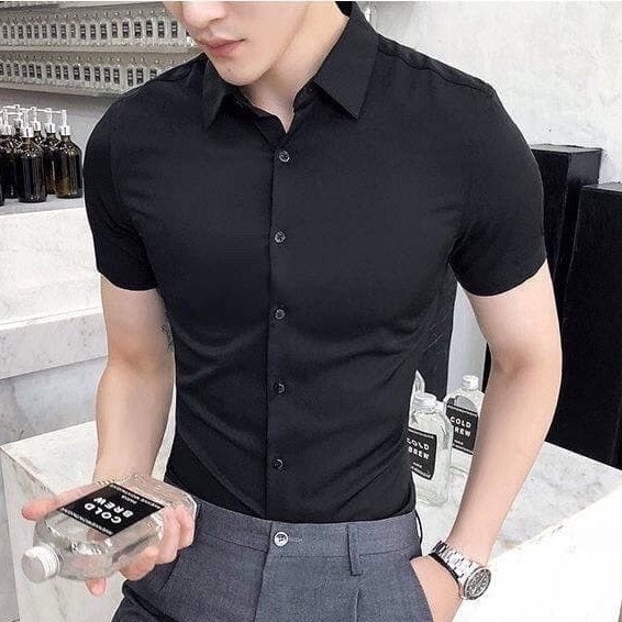Áo Sơ Mi Nam Tay Ngắn Trắng Đen chất đẹp, sơ mi nam cộc tay body Hàn Quốc