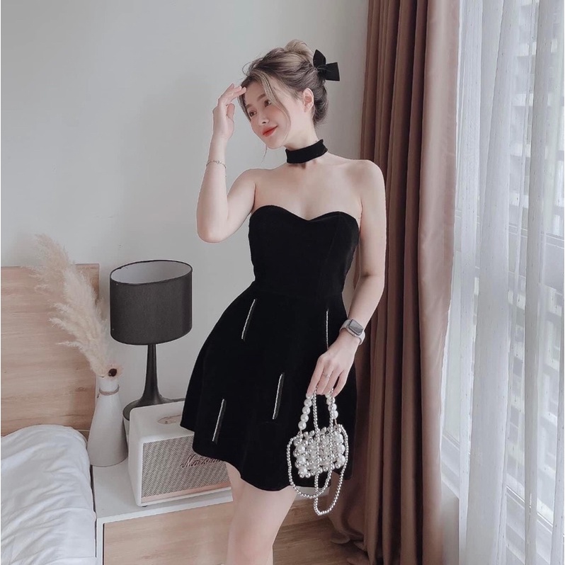 Đầm body lệch vai cổ chocker,váy nữ ôm xẻ đùi tôn 3 vòng cho bạn gái đi chơi noel đi tiệc đều xinh gợi cảm