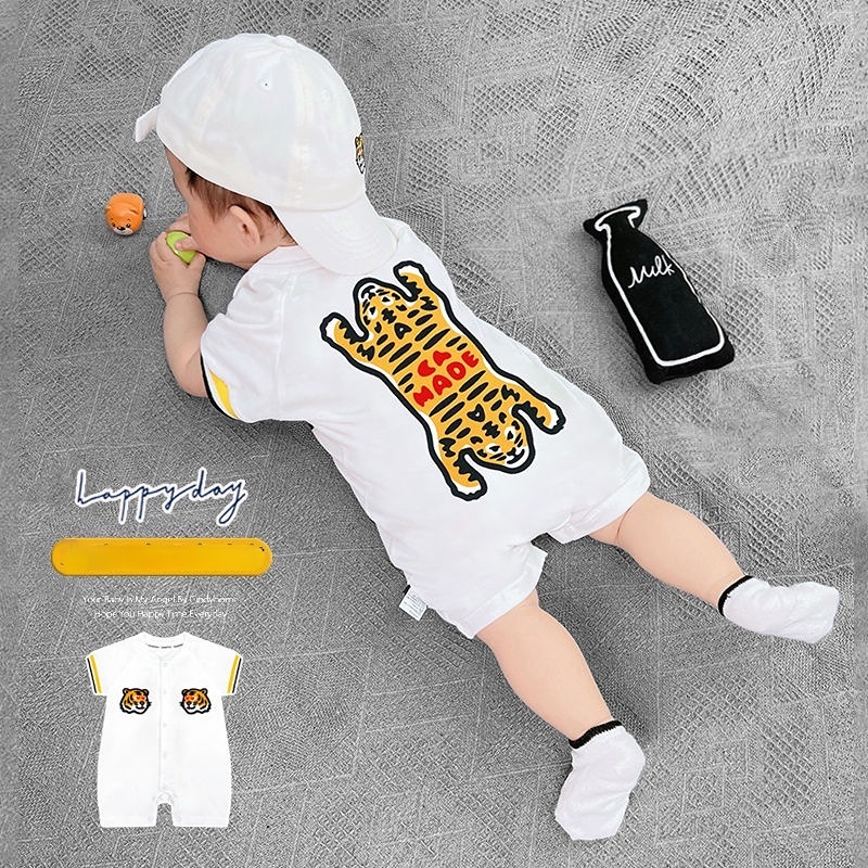 Bộ Áo Liền Quần Tay Ngắn Liền Quần Vải Cotton Mỏng In Hoạt Hình Kèm Mũ Thời Trang Mùa Hè Cho Bé