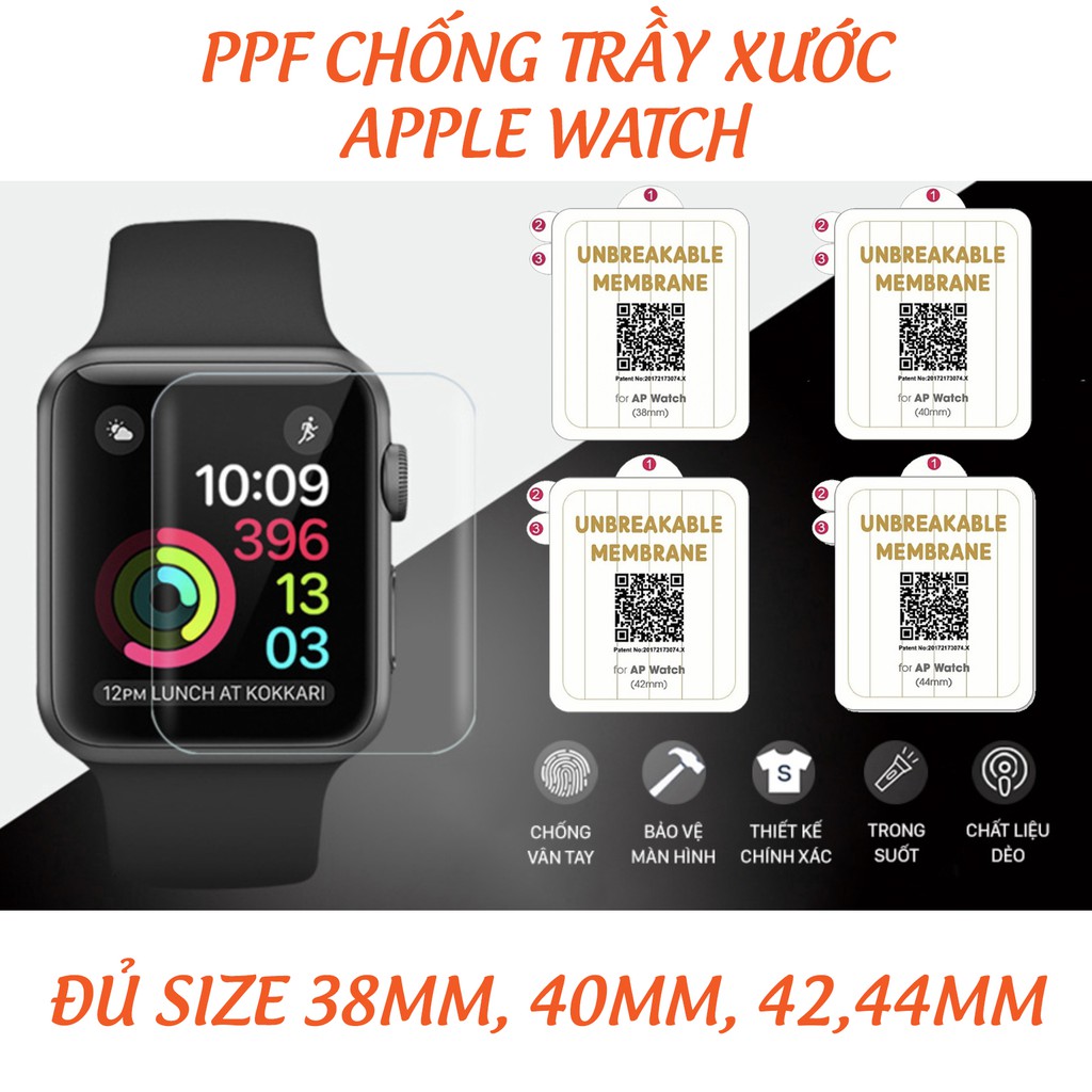 Miếng dán dẻo skin PPF tự phục hồi trầy xước cho Apple Watch size 38 40 42 44mm