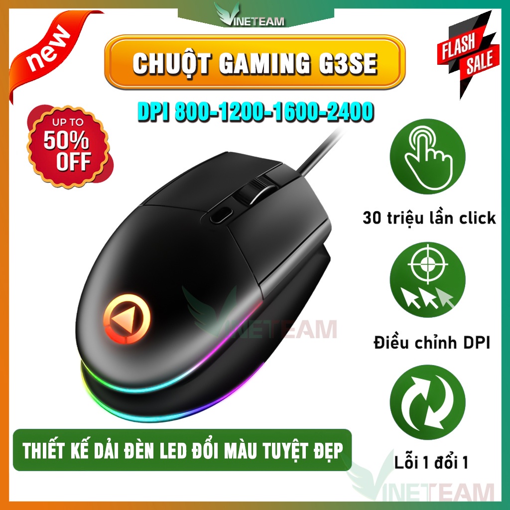 Chuột máy tính, chơi game có dây G3SE thiết kế nhỏ gọn, Led bao quanh đẹp mắt, DPI tùy chỉnh -dc4729