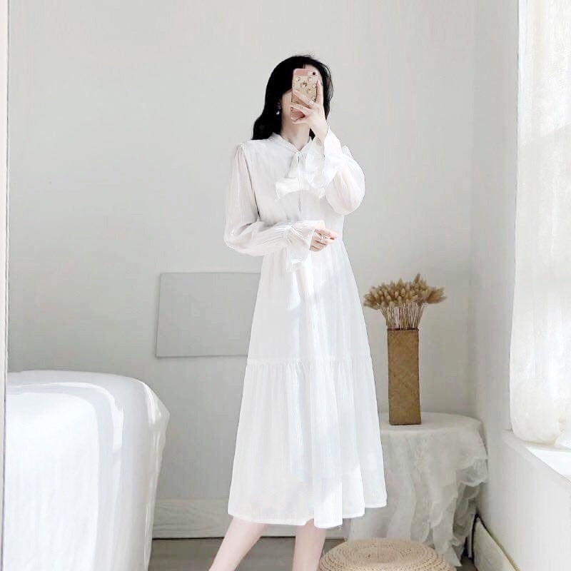 (new) VÁY BABYDOLL NƠ CỔ TRẮNG mặc kỷ yếu - ĐẦM MAXI Trắng Dài Bánh Bèo Nữ Tay Bồng Dáng Suông - YU Dress