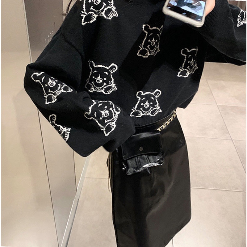 Áo sweater dệt kim dáng rộng in hình chú gấu Pooh thời trang thu đông mới 2021