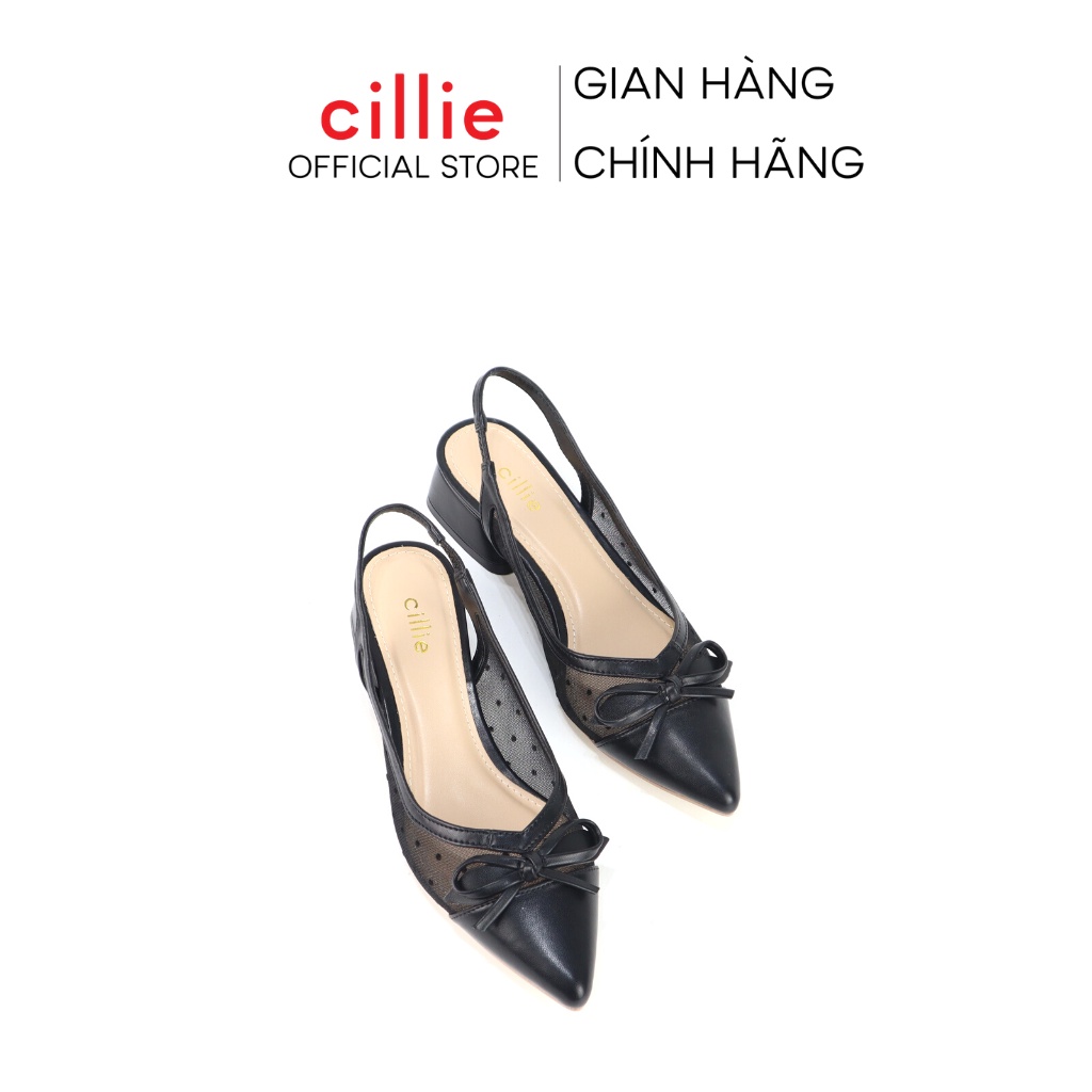 Giày slingback nữ mũi nhọn thanh lịch phối lưới chấm bi thoáng mát đính nơ nhẹ nhàng gót cao 3cm dạo phố Cillie 1044