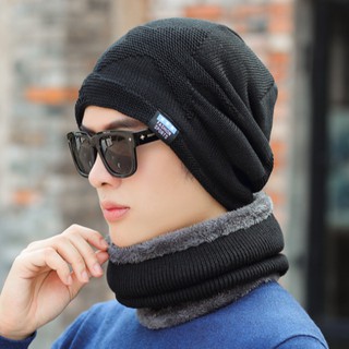 Bộ mũ len kèm khăn lót nỉ cho nam phong cách Hàn, sét nón len 2 trong 1 nam cao cấp