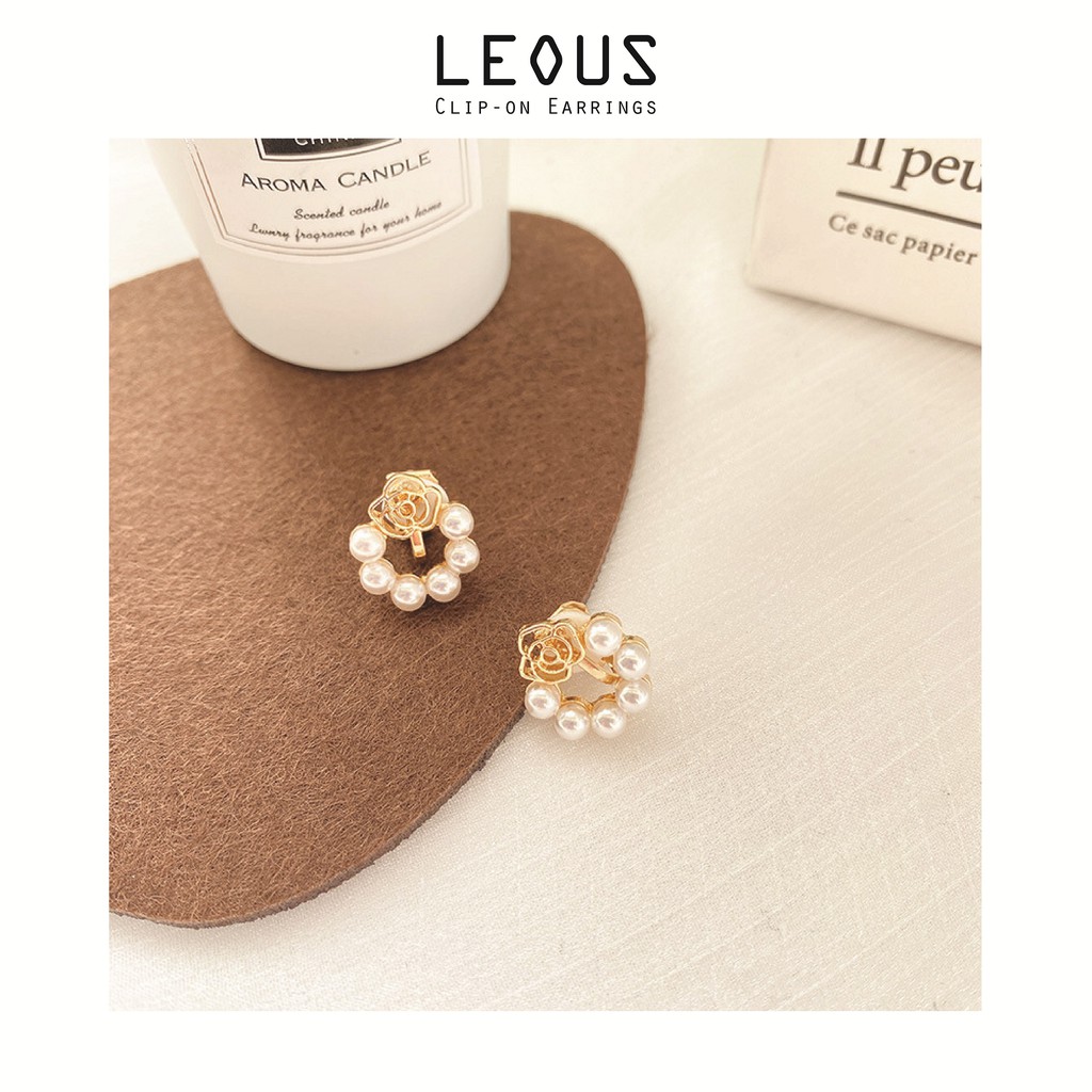 Khuyên tai kẹp không bấm lỗ chốt cố định K219 bằng hợp kim mạ vàng hình bông hoa gắn hạt trai dáng ngắn Leous