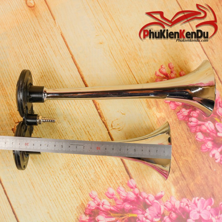 Còi hơi, kèn tự sinh hơi óng loa kim loại dài 20CM-45CM, mạ CROM, dùng cho ô tô, xe tải, xe máy 12V/24V - HORN TECH