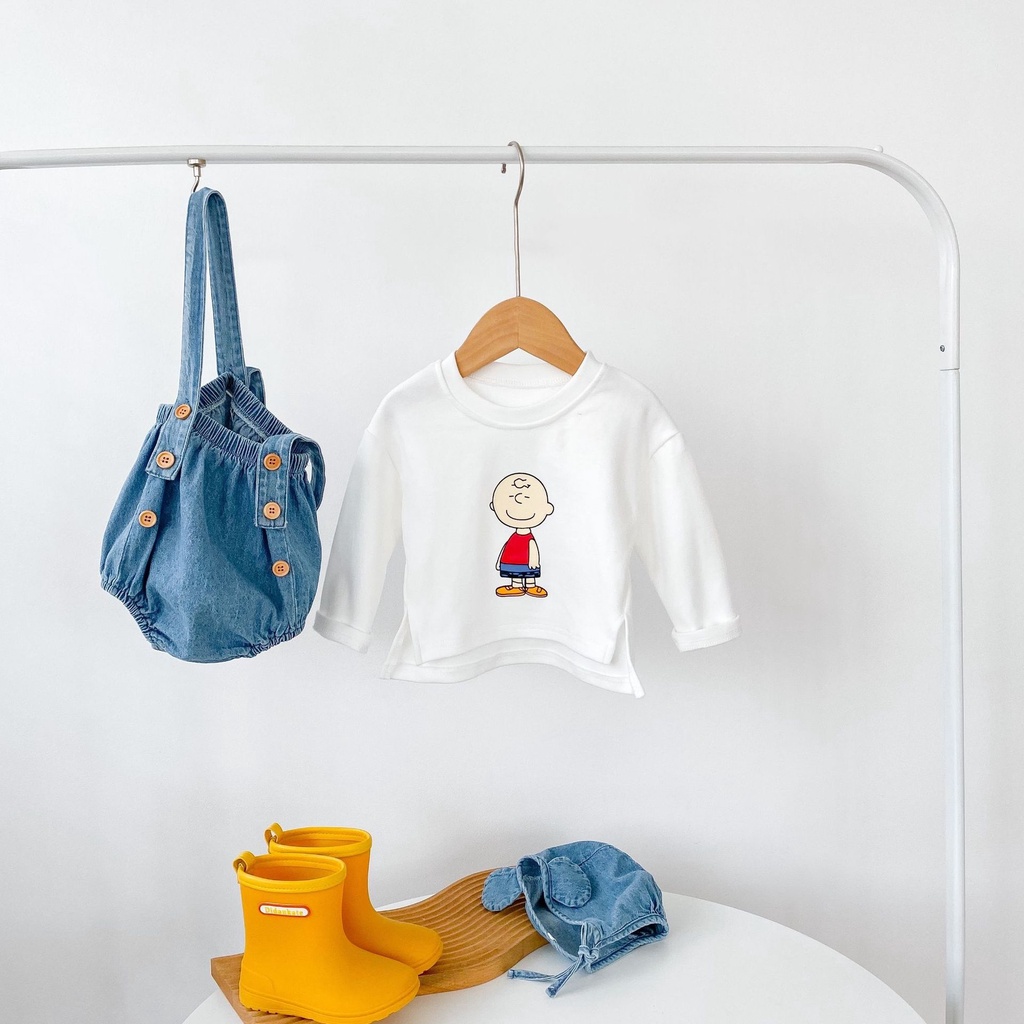 Set đồ gồm áo thun tay dài + quần yếm denim + mũ thời trang mùa thu cho bé trai và bé gái