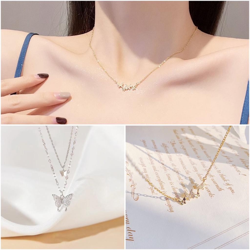 Vòng cổ hai lớp mặt hình bướm đính đá lấp lánh đơn giản dành cho nữ