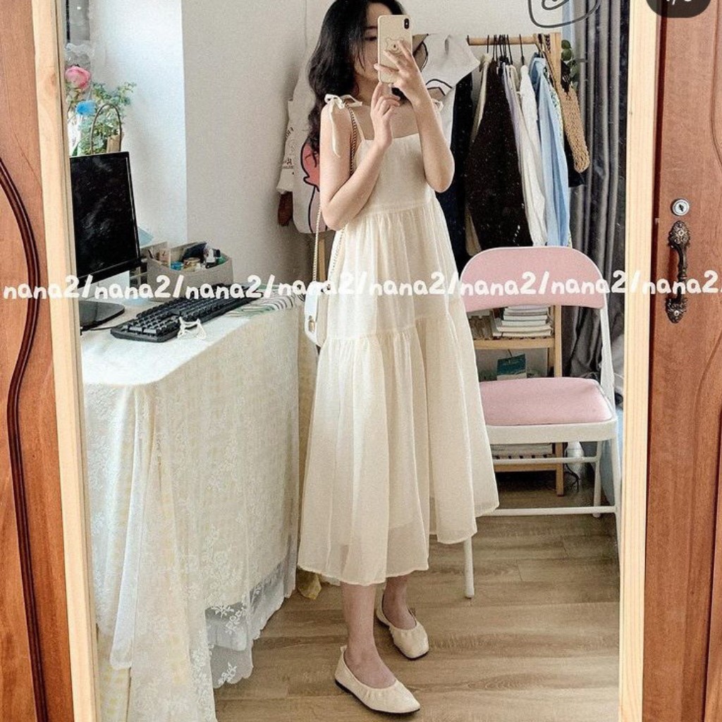 ĐẦM BABY DOLL BUỘC VAI VOAN XƯỚC CỰC XINH CÓ DÂY BUỘC VAI KIỂU DÁNG HÀN QUỐC, HAI MÀU ĐEN VÀ BE