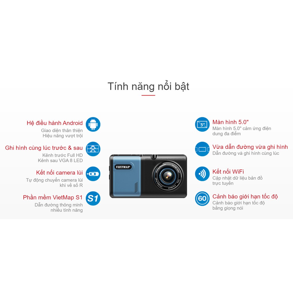 Vietmap A50 - Dẫn đường S1+Cảnh báo giao thông - camera hành trình trước sau - Hàng chính hãng