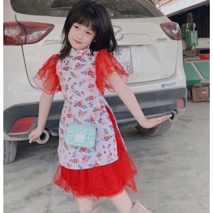 Áo dài cách tân nhung đỏ mềm thiết kế cao cấp cho bé gái mặc Lễ Tết, đi chơi, chụp ảnh -  ADCT4