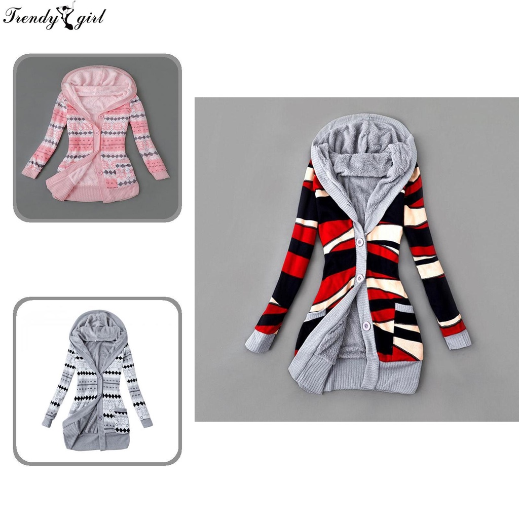 Áo khoác Cardigan bằng len chống lạnh có nút cài và có mũ trùm đầu với lớp lót bằng nhung lông