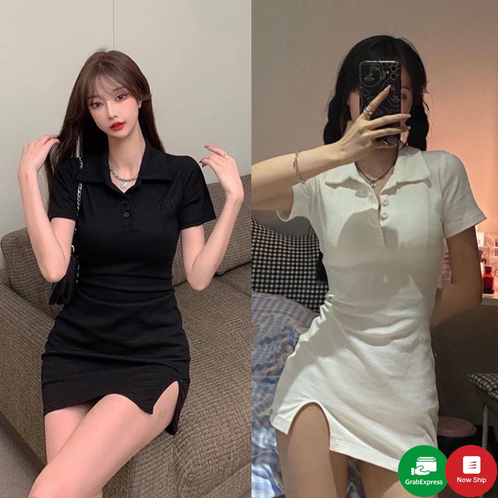 Váy Body Cổ Bẻ Polo Xẻ Trước Chất Thun Gân Tăm Đầm Ôm Dáng Ngắn, Đầm Ôm Sexy