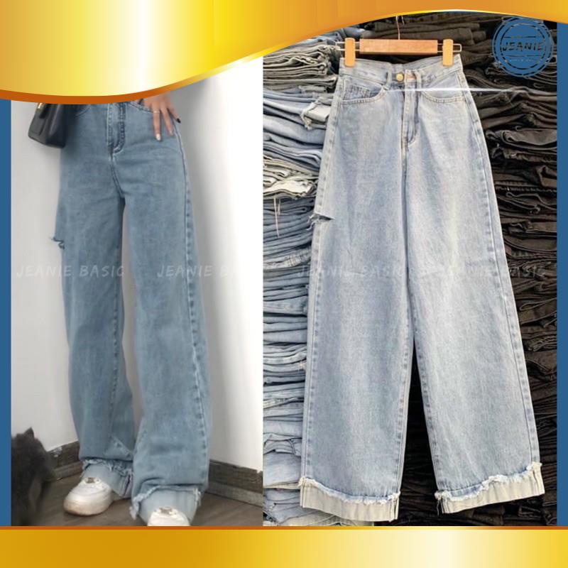 (Mới) Quần jean nữ JEANIE ống rộng gấp gấu rách hông form dài trùm giày