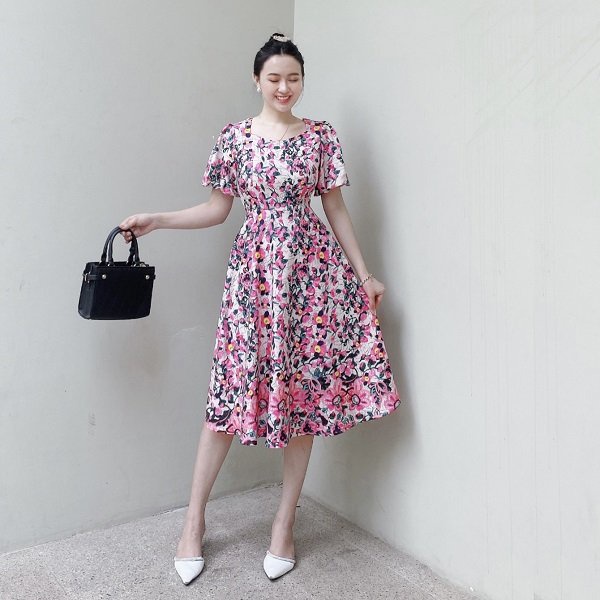 Đầm Hoa Công Sở Cổ Vuông Phối Hoa AKARA K153 Tay Phồng Full Size S, M, L,XL,XXL | BigBuy360 - bigbuy360.vn