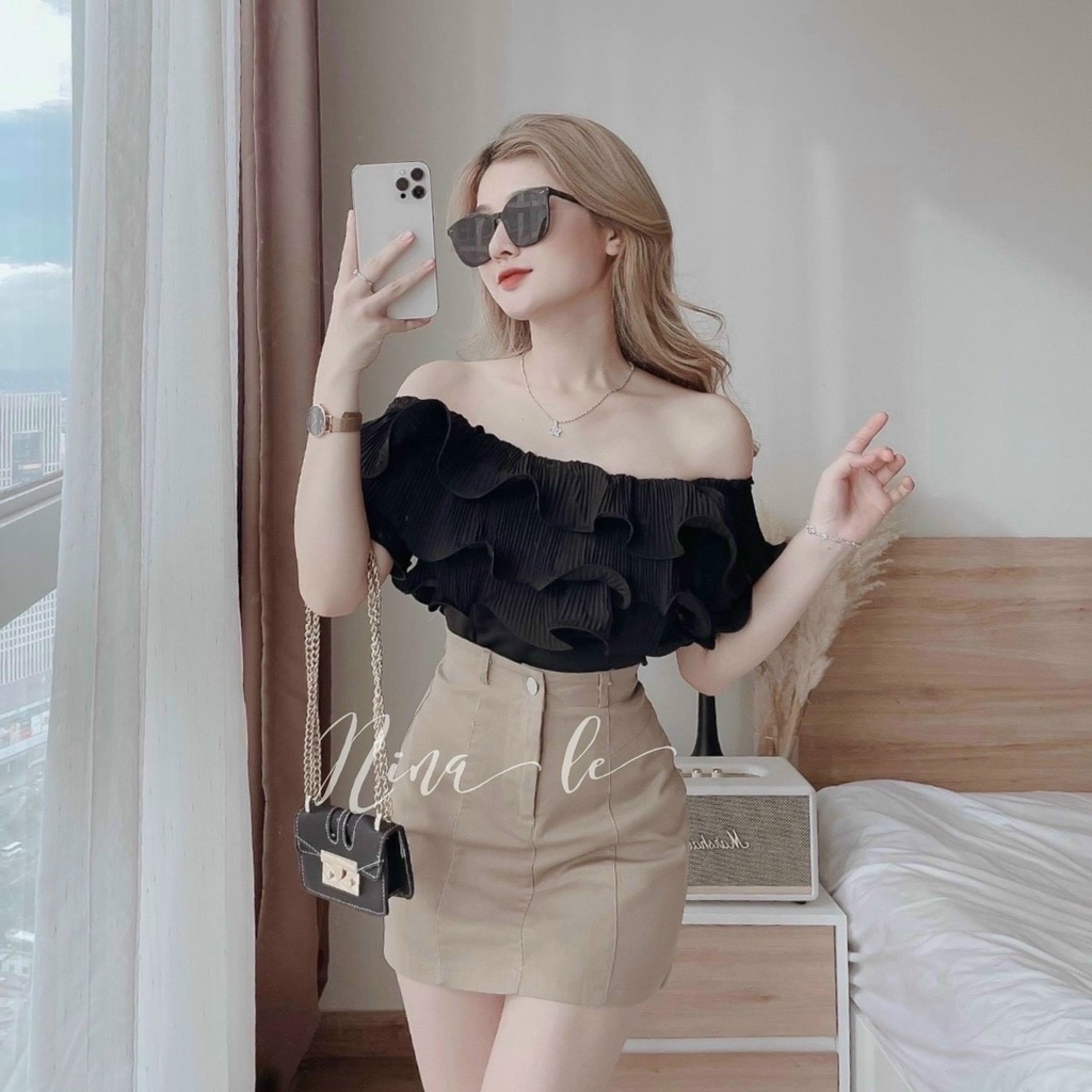 Sét Váy Nữ Thời Trang Mặc Đi Chơi, Sét Váy Áo Lụa Trễ Vai Bèo Mix Chân Váy Chữ A Chất For