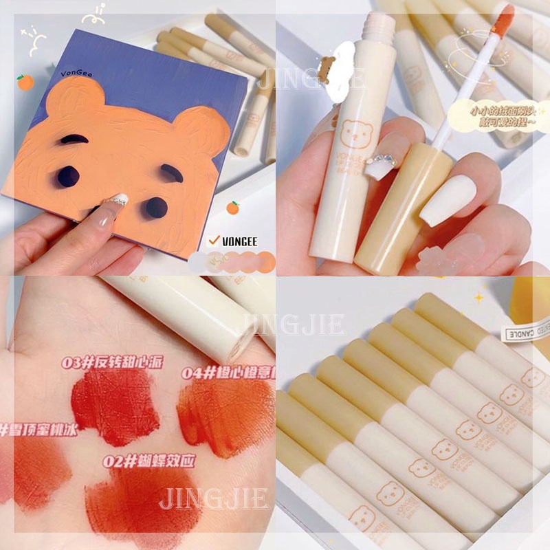 [Hàng mới về] Bộ 4 son môi VONGEE màu lì thiết kế họa tiết gấu hoạt hình đáng yêu
