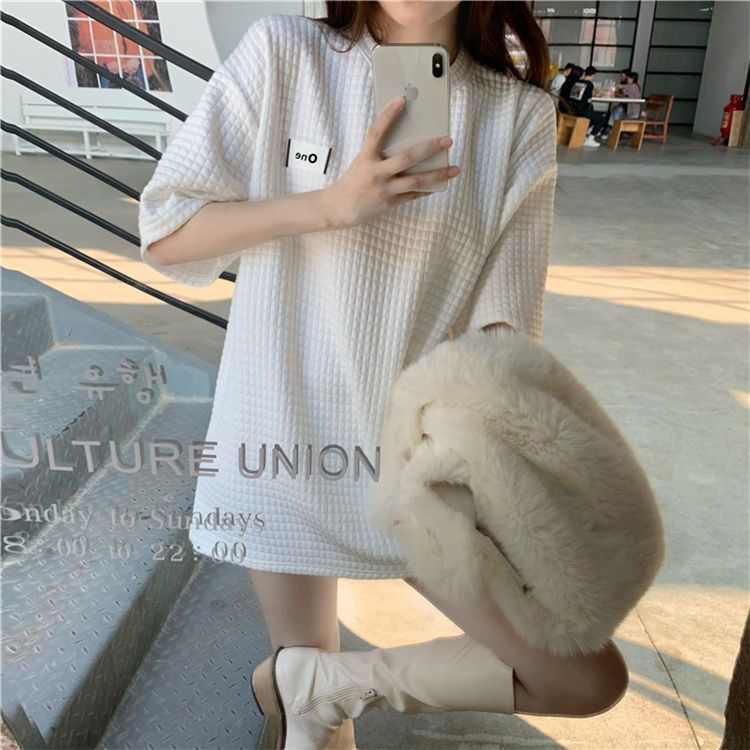 [Spot] Korean style lazy style loose tops girls tops 2021 spring and summer new mid-length short-sleeved bottoming T-shirt ins