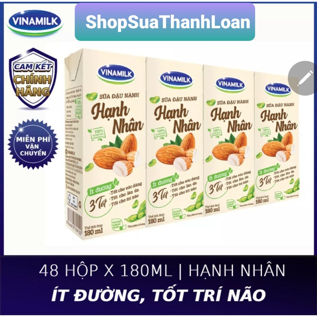 [Mã GROHOT giảm 8% đơn 199K] [HSD T8-2021] THÙNG 48 HỘP SỮA ĐẬU NÀNH VINAMILK HẠT HẠNH NHÂN - HỘP 180ML