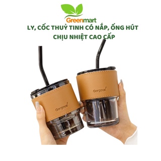 Ly, cốc thuỷ tinh có nắp, ống hút, Cốc cafe thuỷ tinh bọc da cao cấp