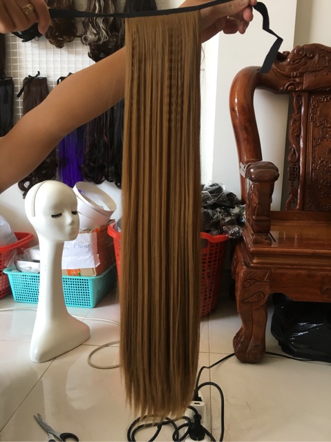 Tóc giả cột thẳng bấm phồng chân tóc 60cm, sợi tơ cao cấp
