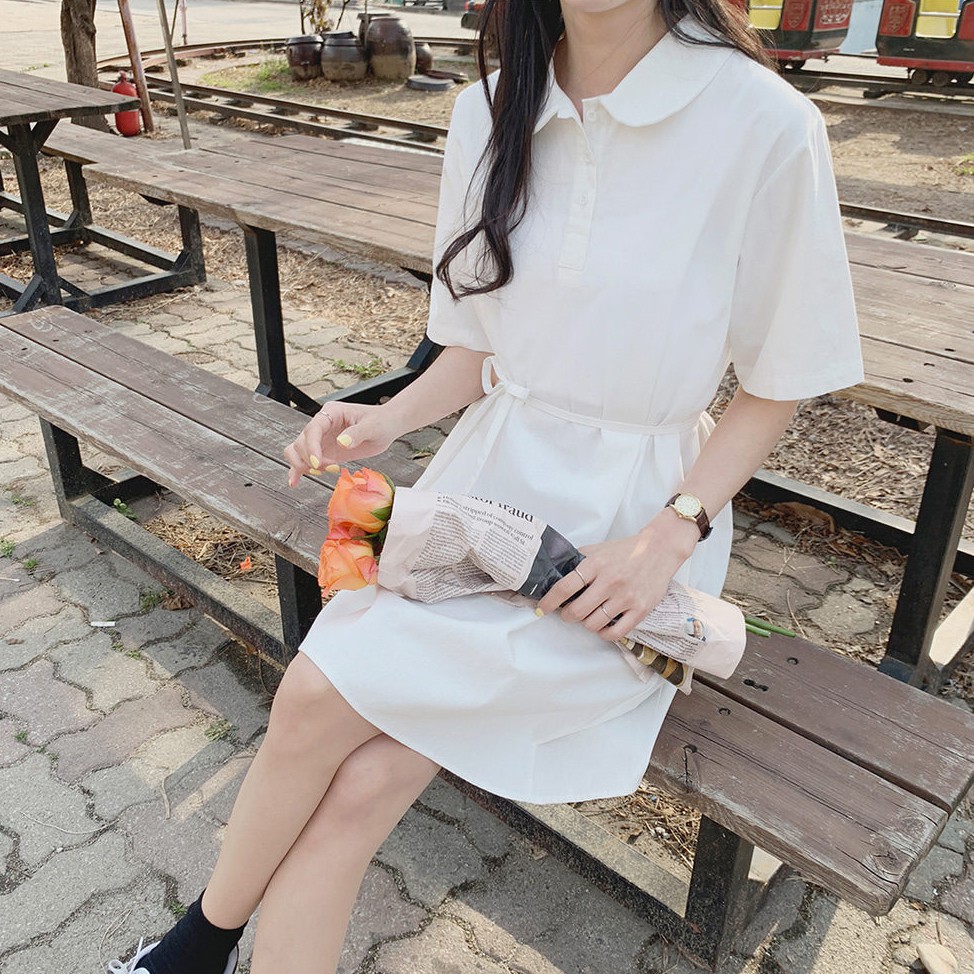 Đầm thun cổ Polo màu trơn kiểu dáng Hàn Quốc