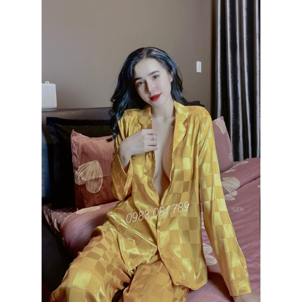 Bộ Lụa Pyjama Áo Dài Quần Dài , Đồ Ngủ Nữ Chất Liệu Lụa Gấm Mềm Mịn Cao Cấp Không Nhăn Không Xù