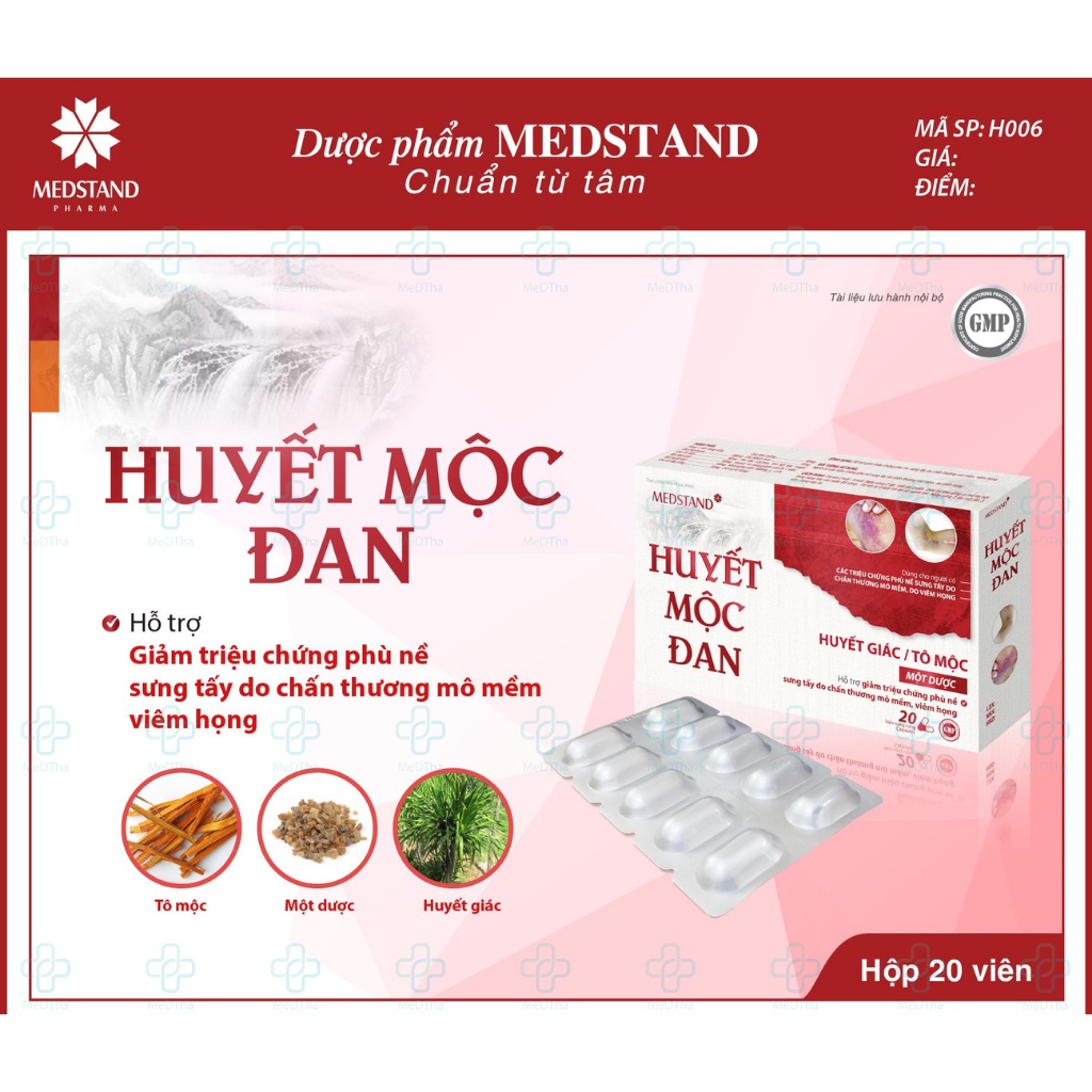 Huyết Mộc Đan - Giảm phù nề, sưng tấy do chấn thương mô mềm, sưng họng Dược MEDSTAND (Hộp 20 viên) [Chính hãng]