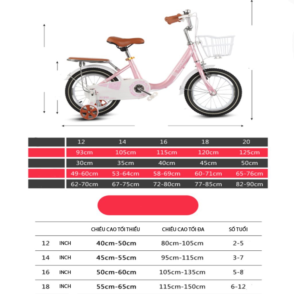 Xe đạp bé gái cao cấp bánh hơi chính hãng Fulong màu hồng họa tiết xinh xắn