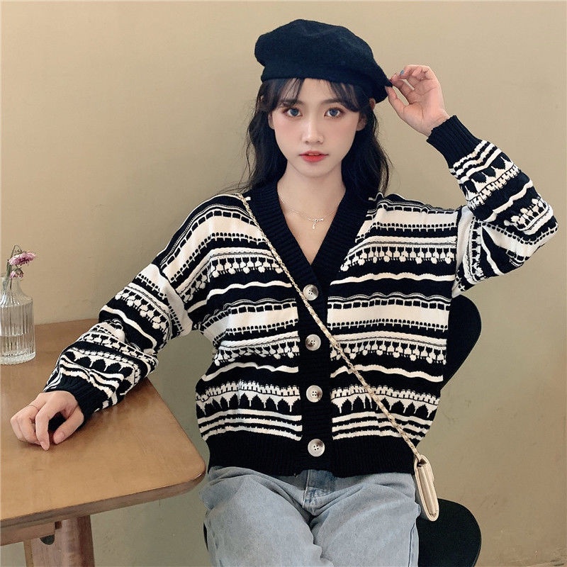 Áo Khoác Cardigan Dệt Kim Dáng Rộng Họa Tiết Kẻ Sọc Thời Trang Thu Đông Phong Cách Hàn Quốc