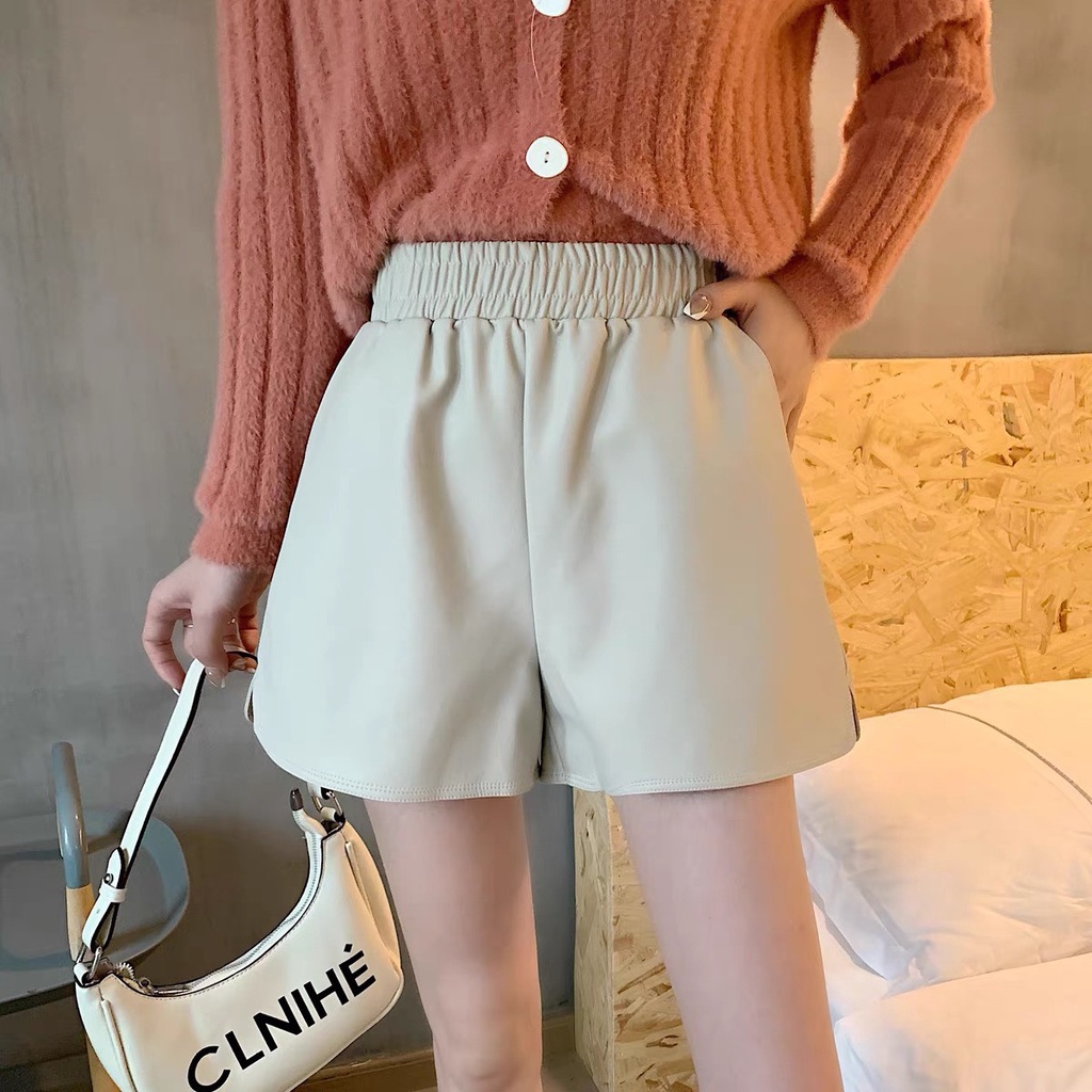 Quần đùi nữ short da trắng đen sooc nữ cạp chun ulzzang Mophus MQ007