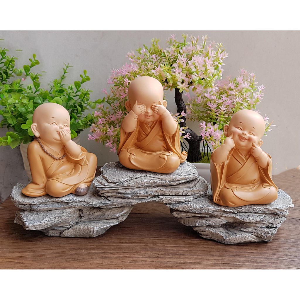 Bộ 03 tượng chú tiểu áo nâu - mẫu Tam Không 10cm | BigBuy360 - bigbuy360.vn