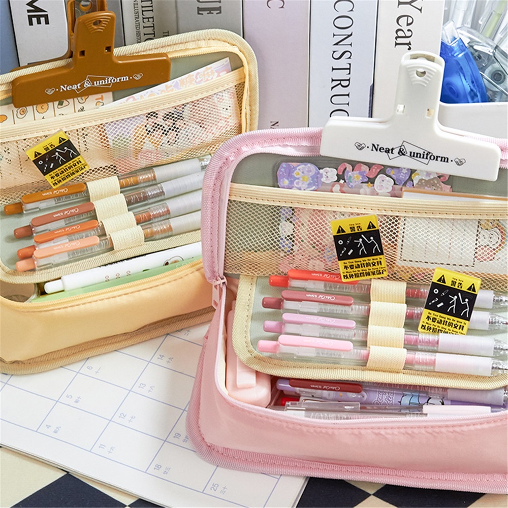 Cod Qipin Túi Đựng Bút Chì Mỹ Phẩm Để Bàn Nắp Lật Hai Ngăn Hình Chữ Nhật Màu Kẹo Đơn Giản INS Dành Cho Bạn Nữ