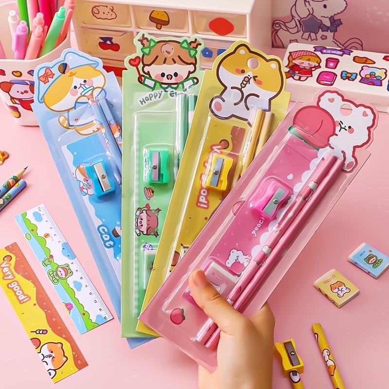 Bộ 5 Dụng Cụ Học Tập Gồm Bút Chì + Tẩy + Thước + Đồ Chuốt Tiện Dụng Cho Bé