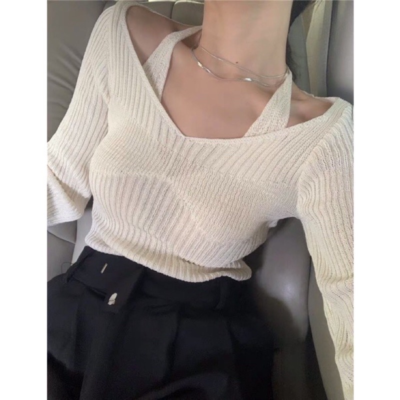 Áo crop top len dệt kim hở vai dáng ngắn tay dài co giãn trễ vai cổ ngang chữ V đan dây áo croptop len tăm ôm body crt | BigBuy360 - bigbuy360.vn