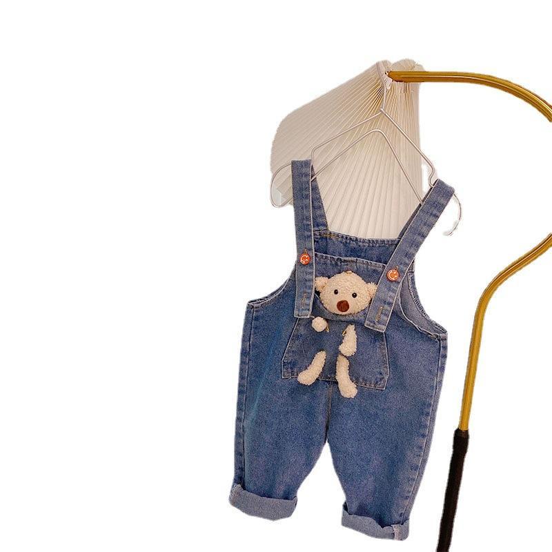 ✨Đốm✨ Bộ Áo Sơ Mi Trắng Cổ Bẻ Phối Quần Yếm Jean In Hình Gấu Kiểu Hàn Quốc Thời Trang Mùa Xuân 2022 Cho Bé Gái