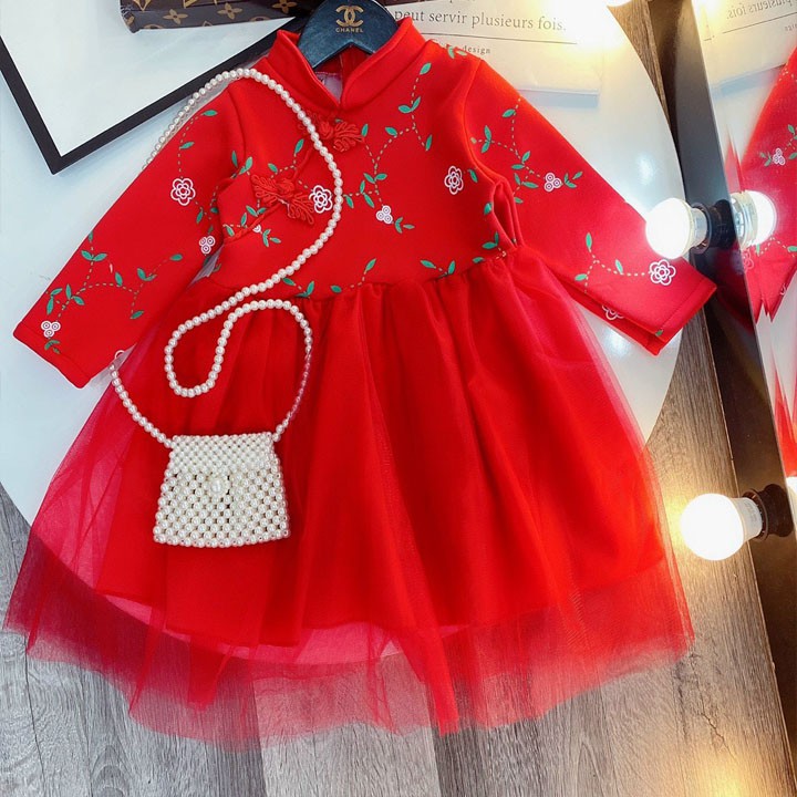 Váy Sườn Xám Cổ Tàu Đỏ Phối Ren In Hoa Năm Mới Dành Cho Bé Gái( ảnh thật)