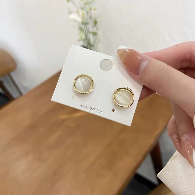 Bông Tai Mặt Tròn Bằng Thủy Tinh Phong Cách Retro Hàn Quốc Mới