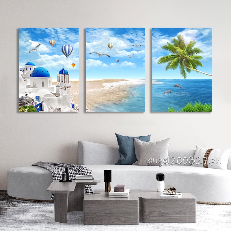 Bộ 3 Tranh Vải Canvas Treo Tường Trang Trí Hình Bãi Biển Kiểu Bắc Âu Không Có Khung