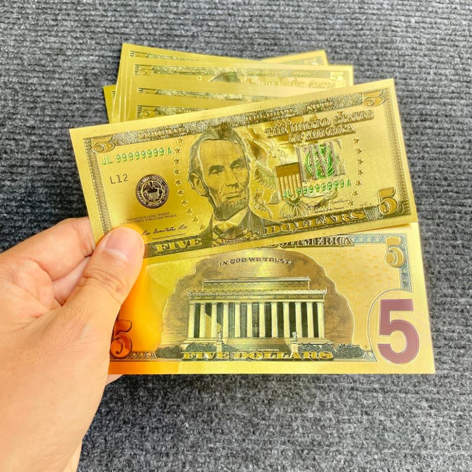 Tờ Tiền Kỉ Niệm 5 Đô Plastic (5 USD) Mạ Vàng Lì Xì Tết May Mắn