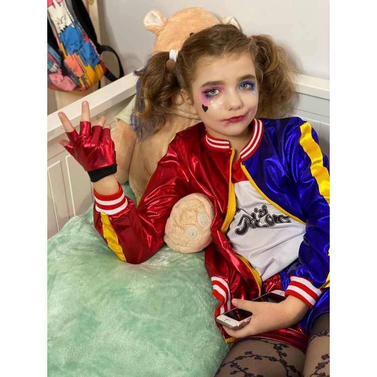 Halloween Harley Quinn Trang phục Cosplay Người lớn Phụ nữ Trẻ em Cô gái Suicide Squad Jacket T-shirt Quần short Set Trang phục lễ hội