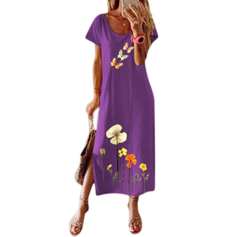 Đầm Maxi Tay Ngắn Dáng Rộng Họa Tiết Hoa Và Bướm Phong Cách Boho Thời Trang Cho Nữ