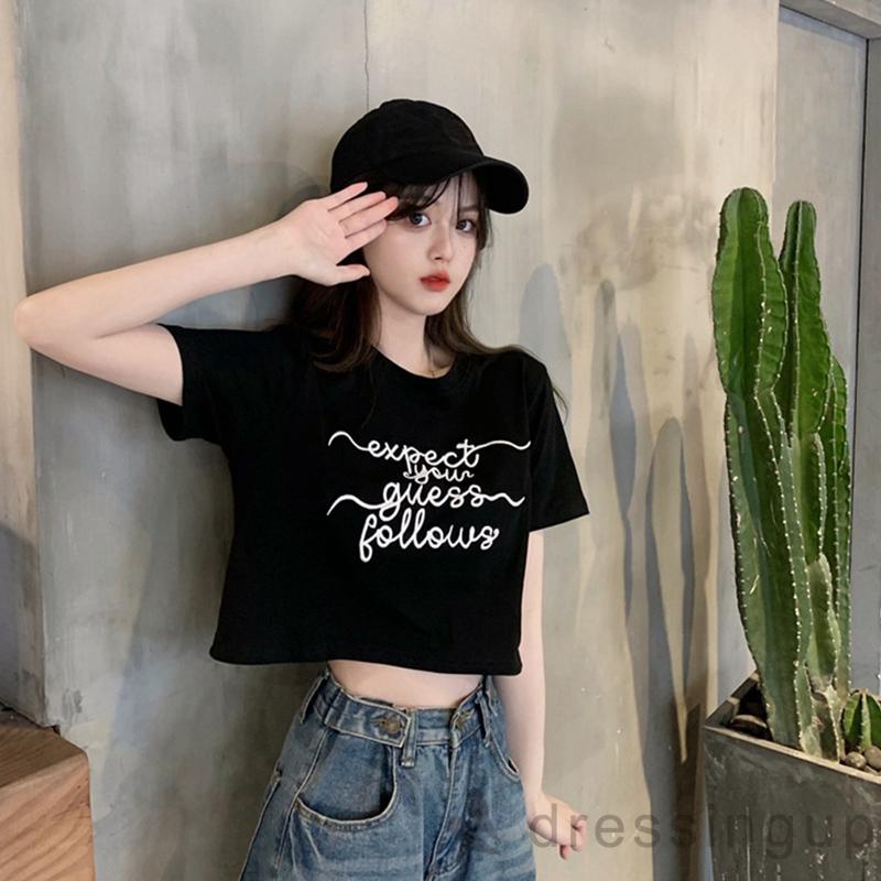 DRE-Women Loose Fit T-shirt, Letters Embroidery Pattern Round Neck Short Sleeve T-shirt, Black/ White