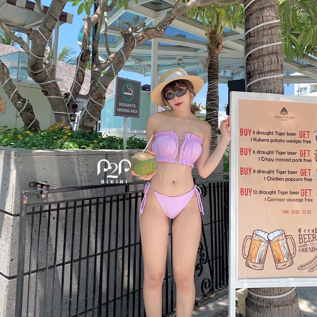 P2P BIKINI - Đồ bơi hai mảnh mút mỏng cúp ngang cột dây, quần tam giác tím pastel - BTK370HT_TG