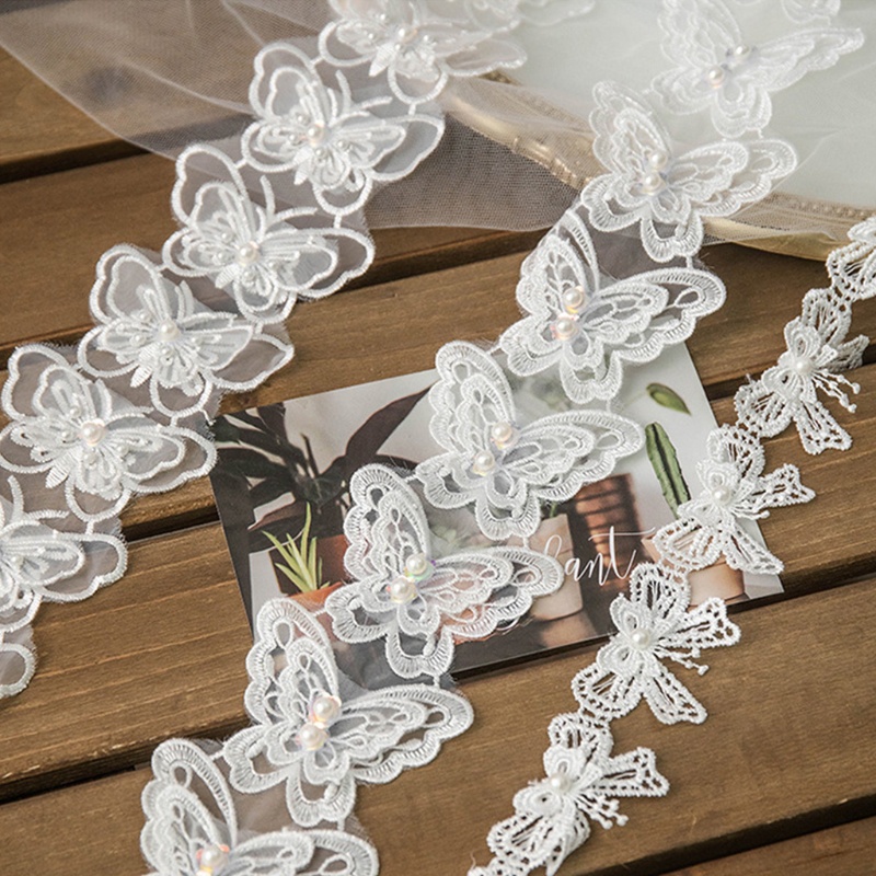 Cuộn Dây Ruy Băng Ren Thêu Hình Bướm Đính Ngọc Trai Giả 1 Yard Dùng Trang Trí Thủ Công