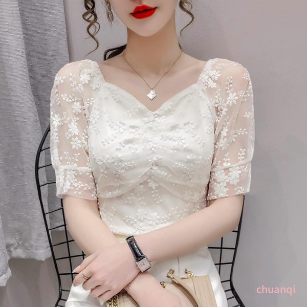 Áo ren thêu voan dáng ôm tay phồng thời trang mùa hè cho nữ
