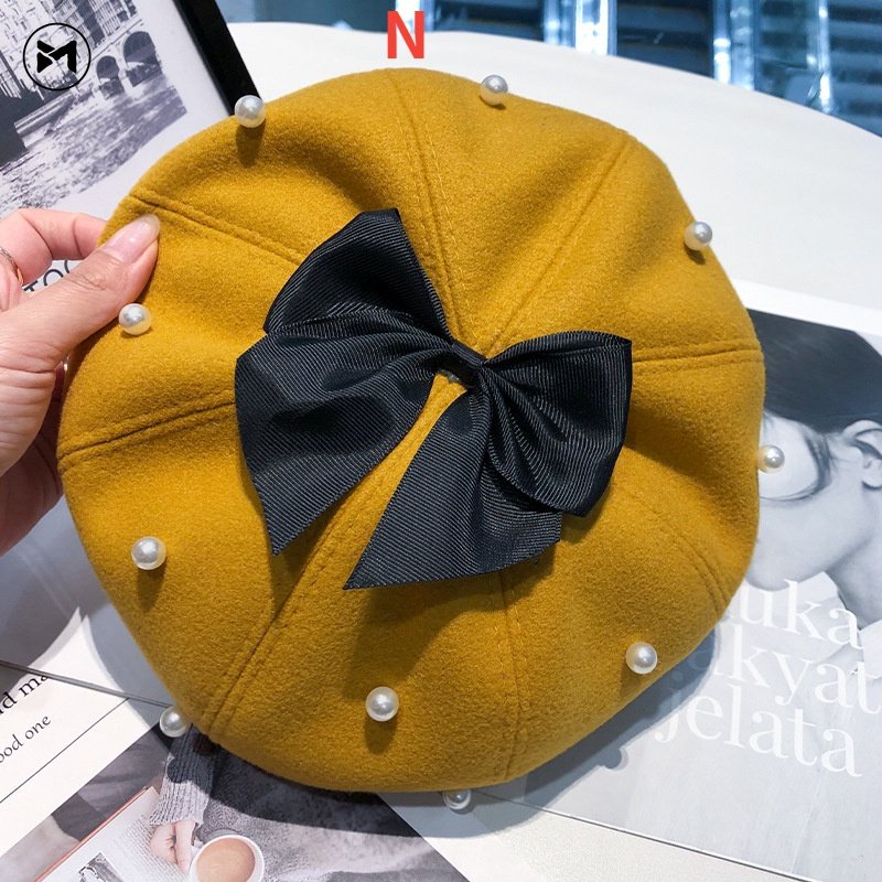 Mũ Beret Len Đính Nơ Ngọc Trai Phong Cách Lolita Nhật Bản
